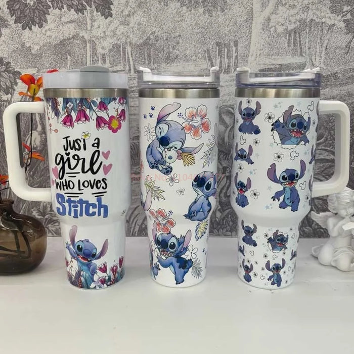 Stitch & Angel 40oz Stainless Steel Tumbler – Cute Cartoon Thermal Mug with Straw & Lid | Hot & Cold Insulated Travel Cup