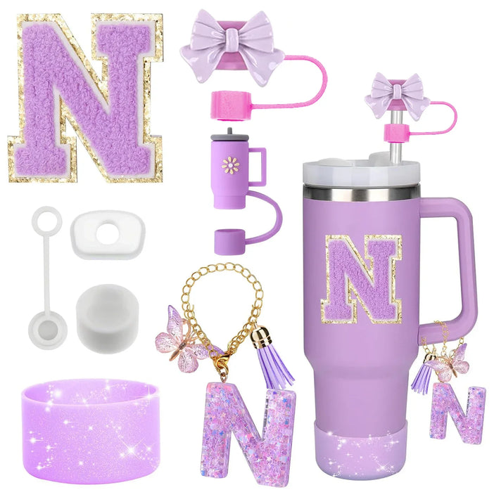 8-Piece Accessories Set for Stanley 30oz & 40oz Tumblers – Silicone Straw Covers, Protective Boot, Handle Charm & Initial Stickers