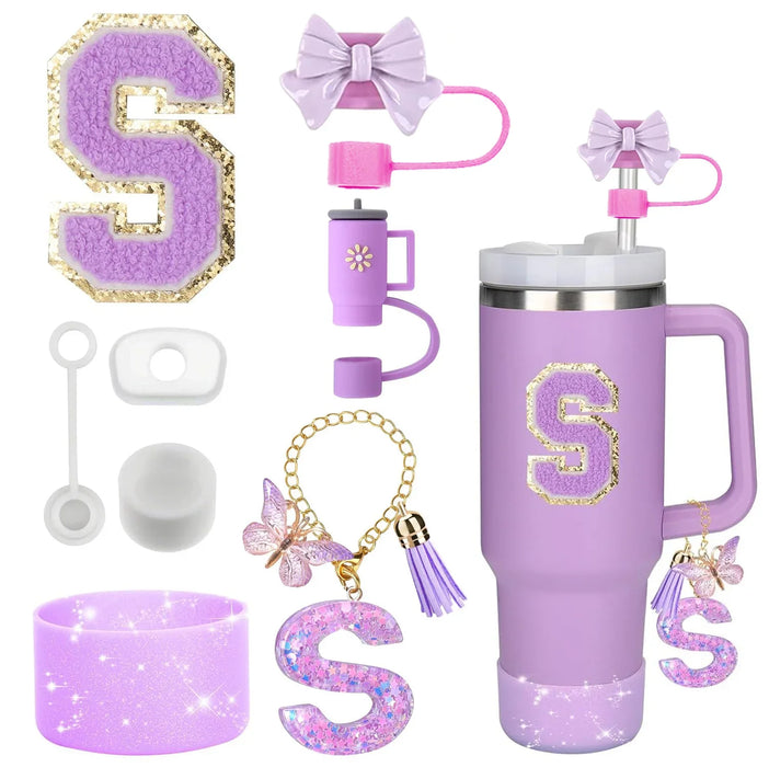 8-Piece Accessories Set for Stanley 30oz & 40oz Tumblers – Silicone Straw Covers, Protective Boot, Handle Charm & Initial Stickers