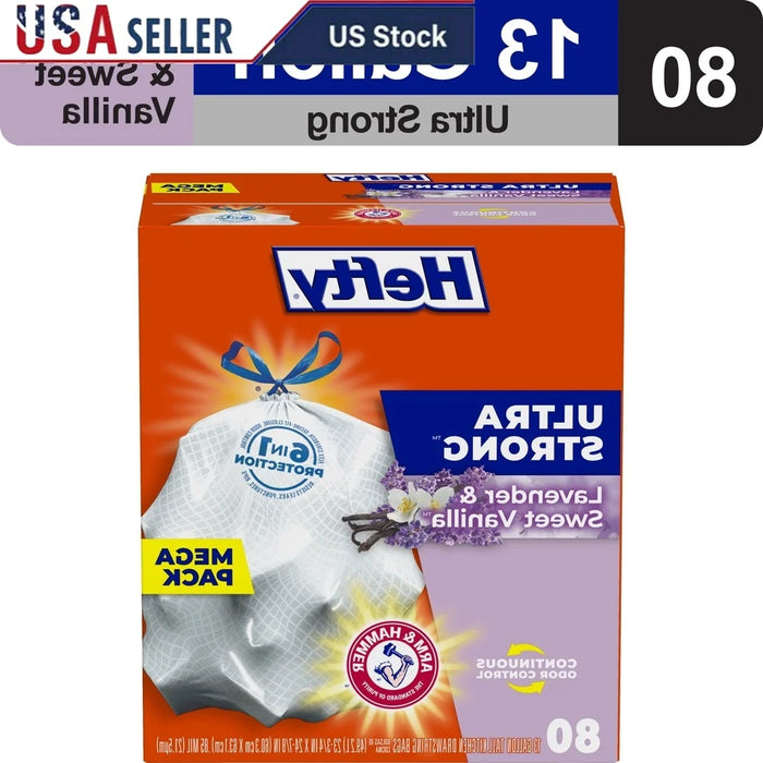 Ultra Strong 13-Gallon Tall Kitchen Trash Bags – Odor Control with Lavender & Sweet Vanilla Scent, Leak-Resistant Drawstring, 80 Count