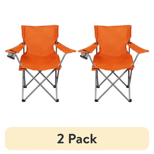 2-Pack Folding Camp Chairs with Cup Holder – Portable Quad Frame Outdoor Chairs for Camping, Tailgating & Sports Events
