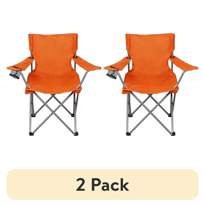 2-Pack Folding Camp Chairs with Cup Holder – Portable Quad Frame Outdoor Chairs for Camping, Tailgating & Sports Events