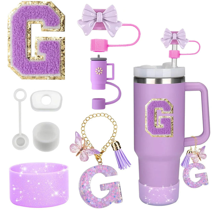 8-Piece Accessories Set for Stanley 30oz & 40oz Tumblers – Silicone Straw Covers, Protective Boot, Handle Charm & Initial Stickers