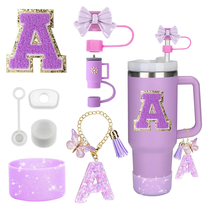 8-Piece Accessories Set for Stanley 30oz & 40oz Tumblers – Silicone Straw Covers, Protective Boot, Handle Charm & Initial Stickers