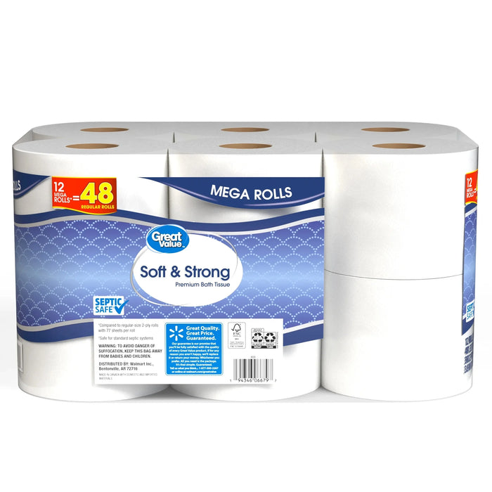 Great Value Soft & Strong Premium Toilet Paper, 12 Mega Rolls 2025 NEW