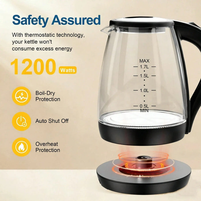 1.7L Glass Electric Kettle – Fast Boil Water Heater with LED Light, Auto Shut-Off & Boil-Dry Protection