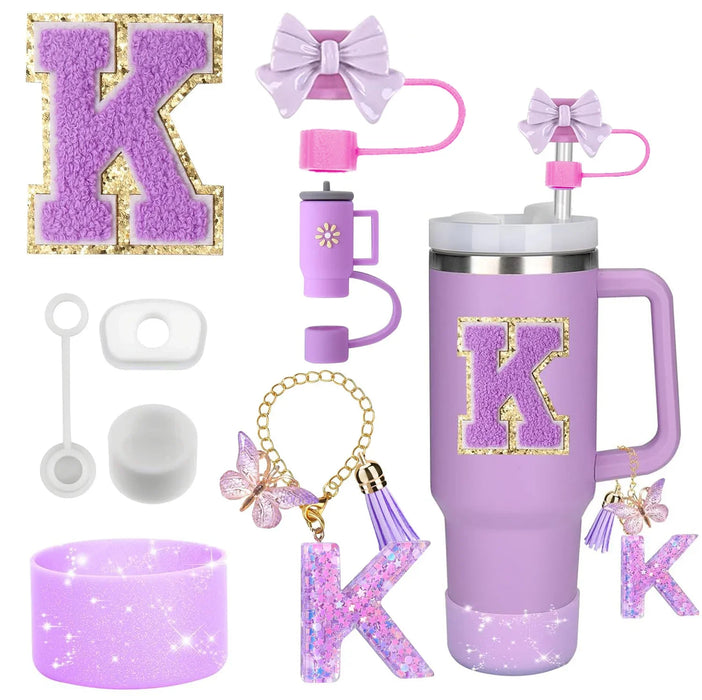 8-Piece Accessories Set for Stanley 30oz & 40oz Tumblers – Silicone Straw Covers, Protective Boot, Handle Charm & Initial Stickers
