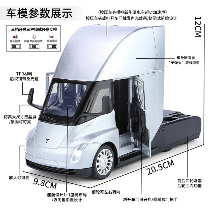1:24 Tesla Semi Truck Diecast Model – Alloy Toy Vehicle with Sound & Light Features – Collectible Metal Casting for Kids & Adults