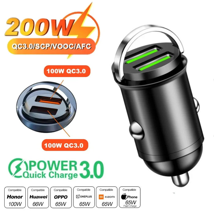 100W/200W Mini Car Charger – QC3.0 PD Fast Charging USB & Type-C Adapter for iPhone, Samsung (12V-24V)