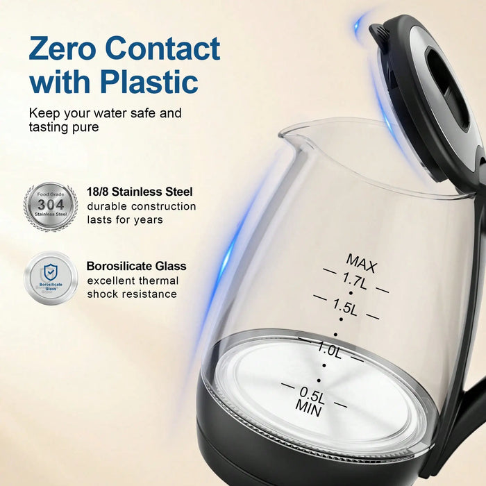 1.7L Glass Electric Kettle – Fast Boil Water Heater with LED Light, Auto Shut-Off & Boil-Dry Protection