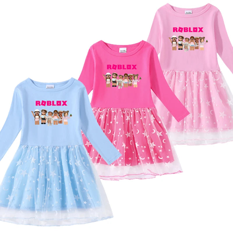 Roblox Princess Dress for Girls – Long Sleeve Cotton Mesh Star & Moon Outfit for Birthdays & Dress-Up