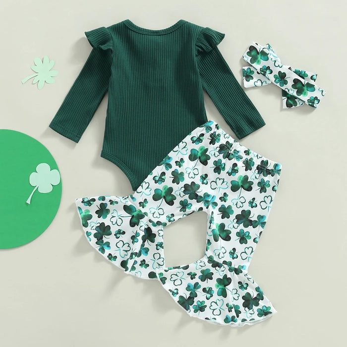 Baby Girl St. Patrick’s Day Outfit – 0–18M Clover Print Flare Pants & Long Sleeve Romper Set