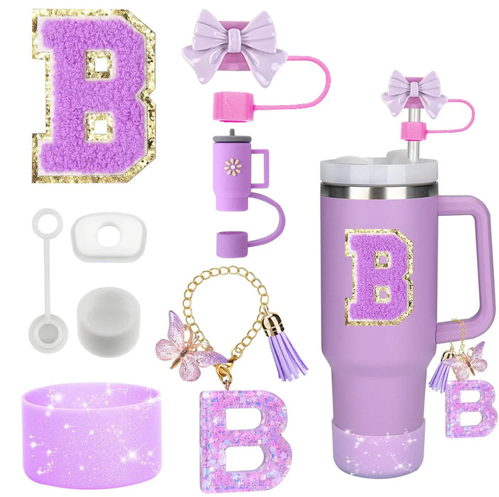 8-Piece Accessories Set for Stanley 30oz & 40oz Tumblers – Silicone Straw Covers, Protective Boot, Handle Charm & Initial Stickers
