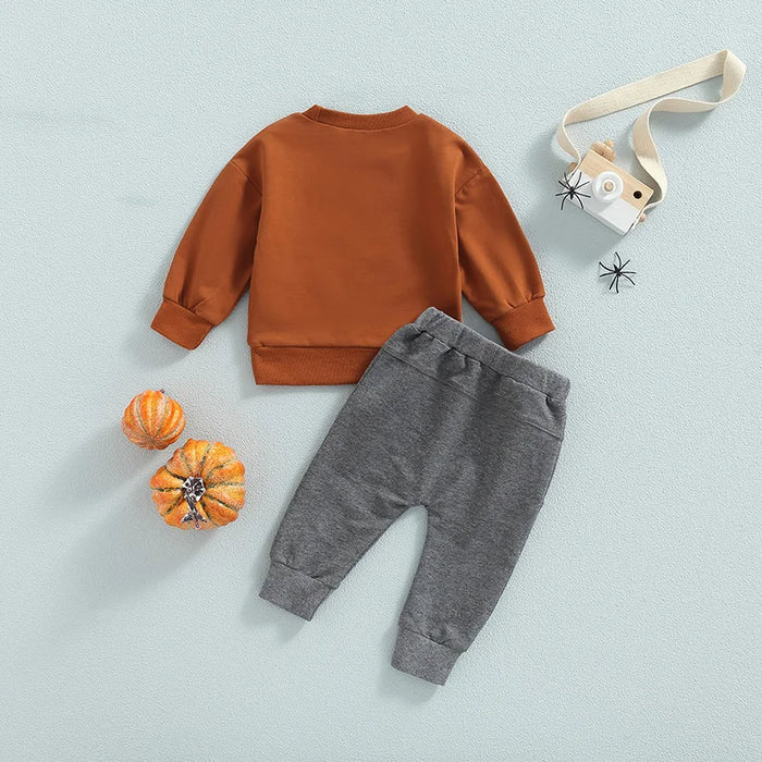 0–24M Baby Boy Girl Fall Outfit – Pumpkin Letter Sweatshirt & Grey Pants 2-Piece Set