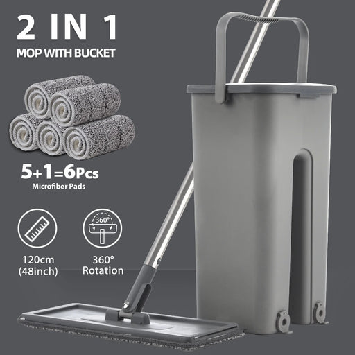SwiftClean™ Hands-Free Flat Mop & Bucket Set – Washable Microfiber Pads for Hardwood & Tile Floors