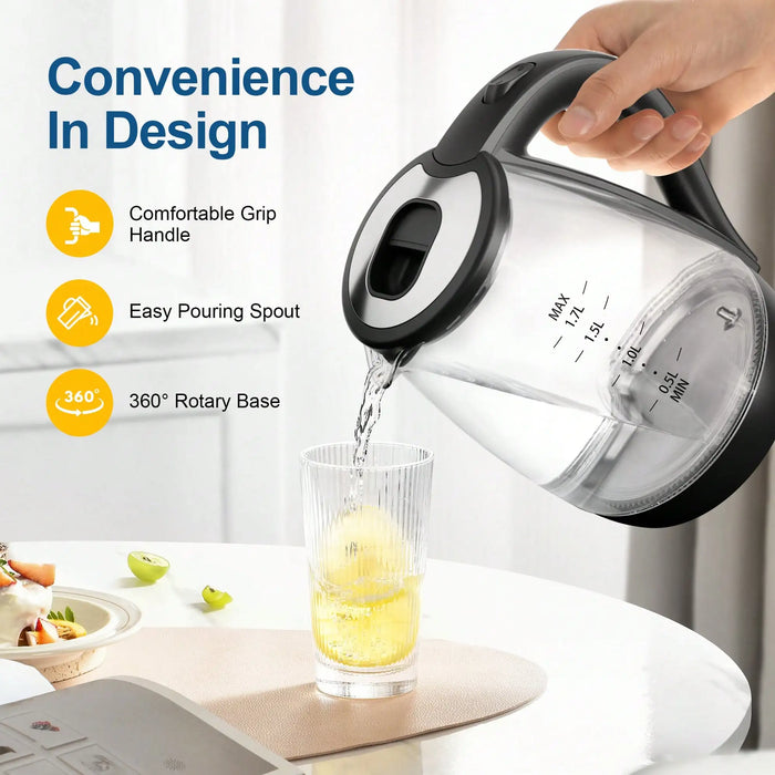 1.7L Glass Electric Kettle – Fast Boil Water Heater with LED Light, Auto Shut-Off & Boil-Dry Protection
