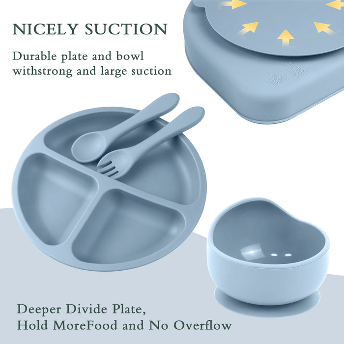 6-Piece Silicone Baby Feeding Set – Suction Bowl, Divided Plate, Straw Cup, Adjustable Bib & Spoon for Toddlers