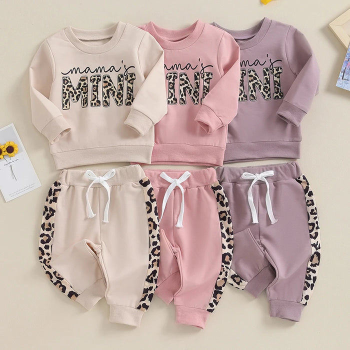 Baby Girl Leopard Print Outfit – 2PC Long Sleeve Pullover & Strap Pants Set (0–3Y)