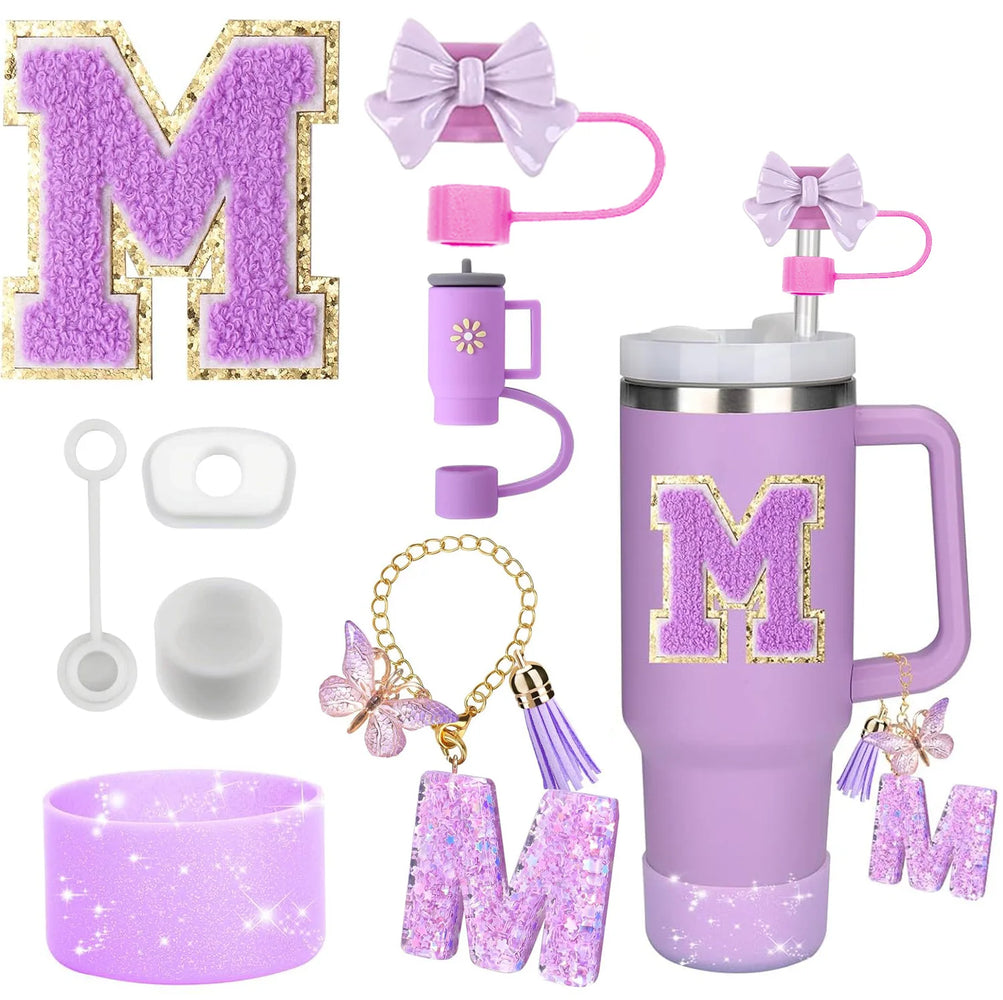 8-Piece Accessories Set for Stanley 30oz & 40oz Tumblers – Silicone Straw Covers, Protective Boot, Handle Charm & Initial Stickers
