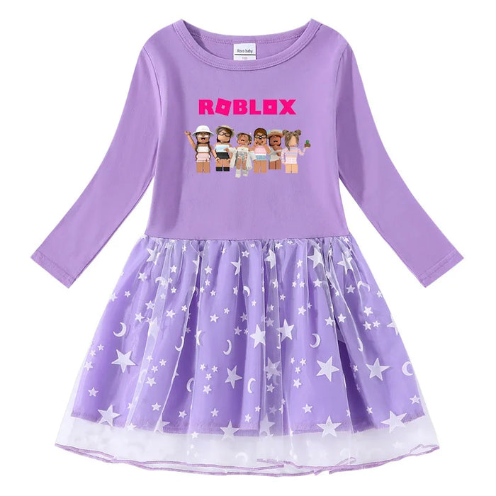 Roblox Princess Dress for Girls – Long Sleeve Cotton Mesh Star & Moon Outfit for Birthdays & Dress-Up