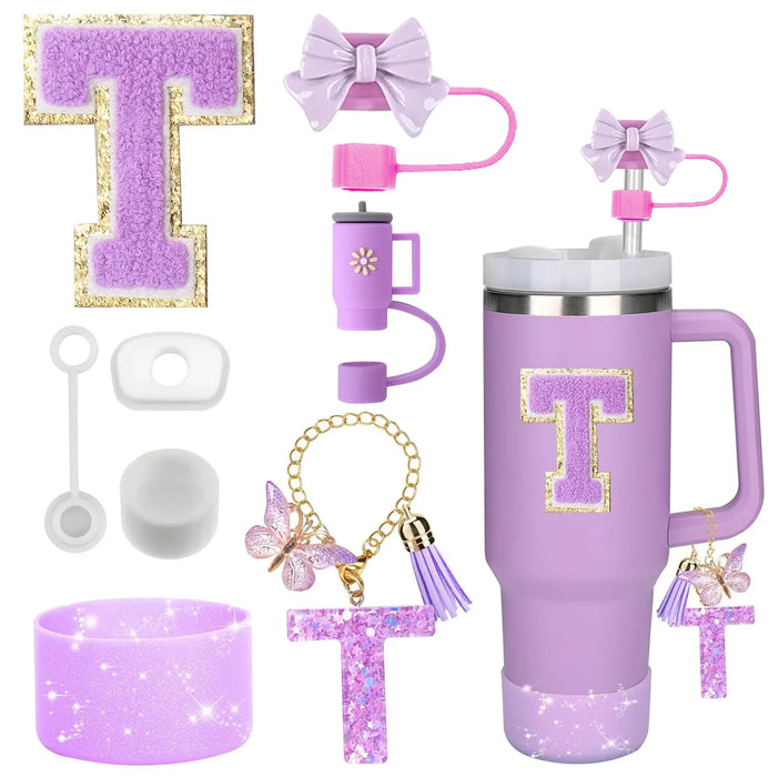 8-Piece Accessories Set for Stanley 30oz & 40oz Tumblers – Silicone Straw Covers, Protective Boot, Handle Charm & Initial Stickers