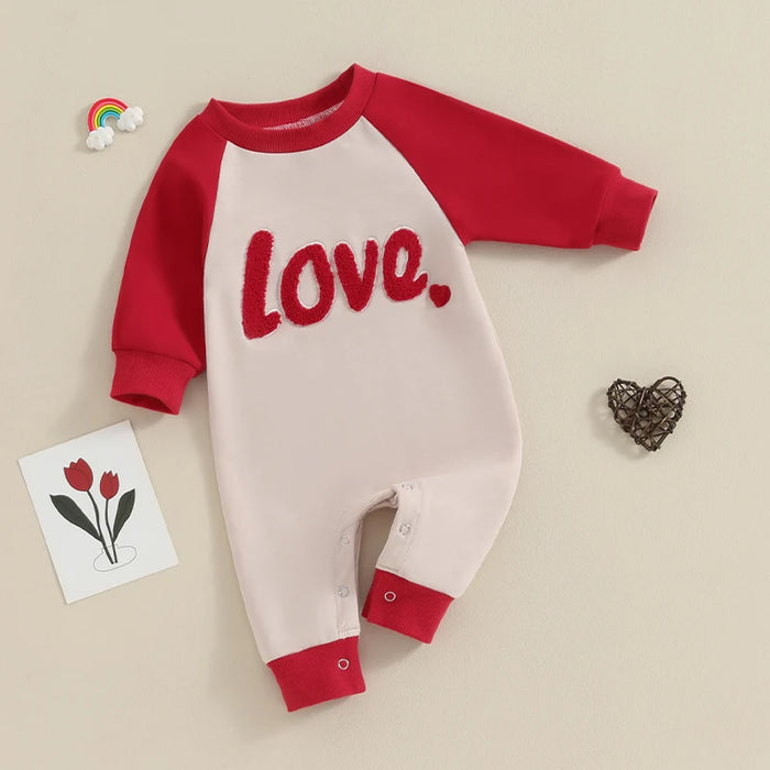 Baby Girl Valentine's Day Romper – Heart Embroidered Long Sleeve Jumpsuit (0–18M)