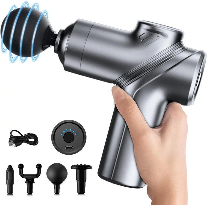 Mini Deep Tissue Massage Gun – Quiet Brushless Motor with 4 Interchangeable Heads | Portable Muscle Massage & Relaxation Device