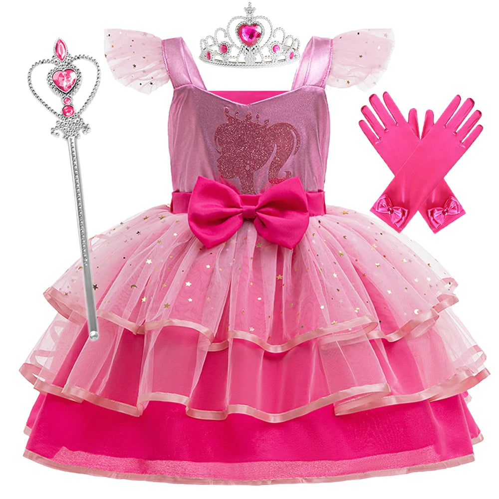Fly Sleeve Barbie Party Dresses for Girl Pink Tulle Princess Dress Birthday Prom Gown