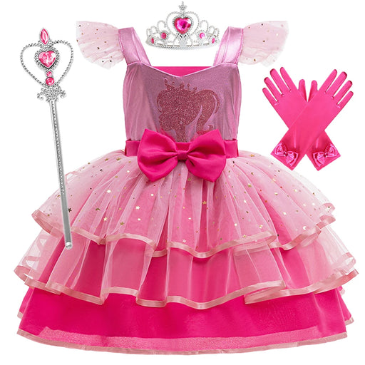 Fly Sleeve Barbie Party Dresses for Girl Pink Tulle Princess Dress Birthday Prom Gown