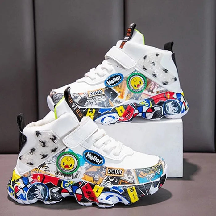 Kids Graffiti Sports Sneakers – Boys & Girls Cartoon Pattern Casual Athletic Shoes, Size 26–36