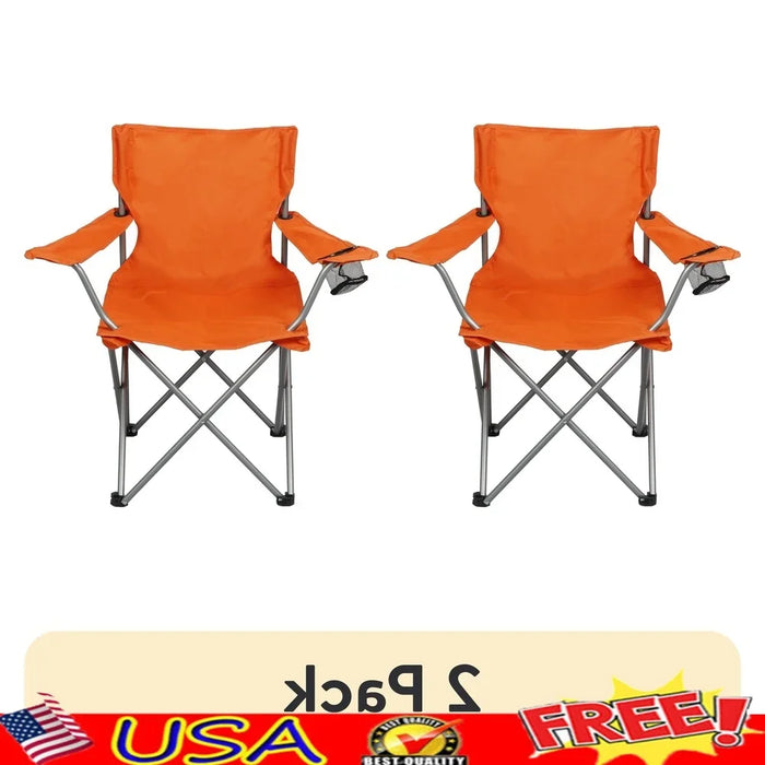 2-Pack Folding Camp Chairs with Cup Holder – Portable Quad Frame Outdoor Chairs for Camping, Tailgating & Sports Events