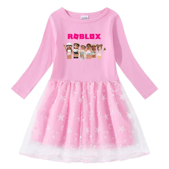 Roblox Princess Dress for Girls – Long Sleeve Cotton Mesh Star & Moon Outfit for Birthdays & Dress-Up