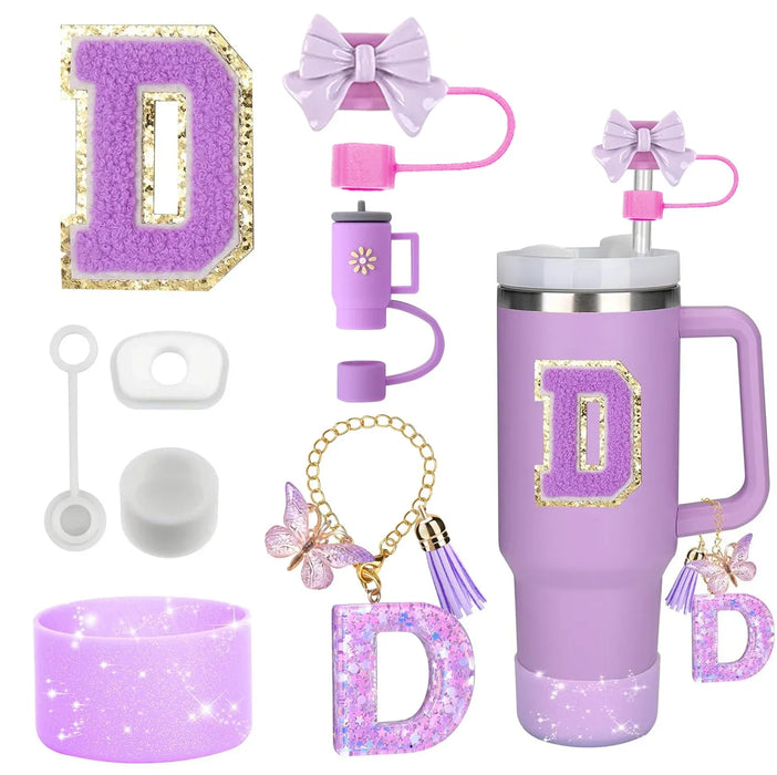 8-Piece Accessories Set for Stanley 30oz & 40oz Tumblers – Silicone Straw Covers, Protective Boot, Handle Charm & Initial Stickers