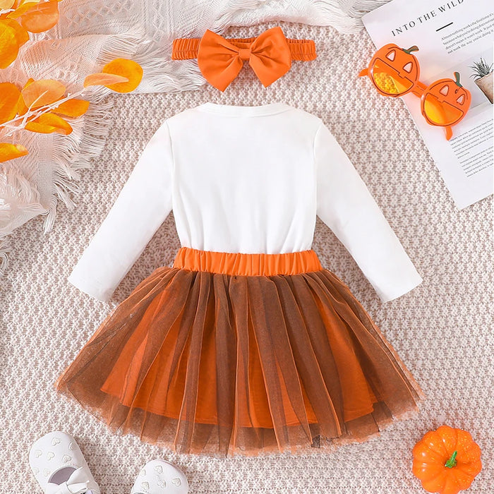 Baby Girl Halloween Outfit Set – Pumpkin Print Romper, Tulle Skirt & Headband (0–24M)