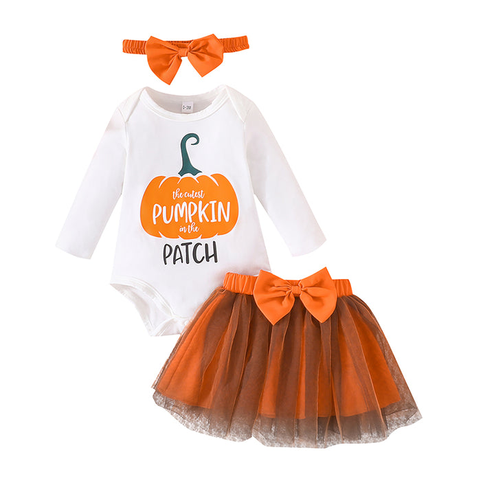 Baby Girl Halloween Outfit Set – Pumpkin Print Romper, Tulle Skirt & Headband (0–24M)