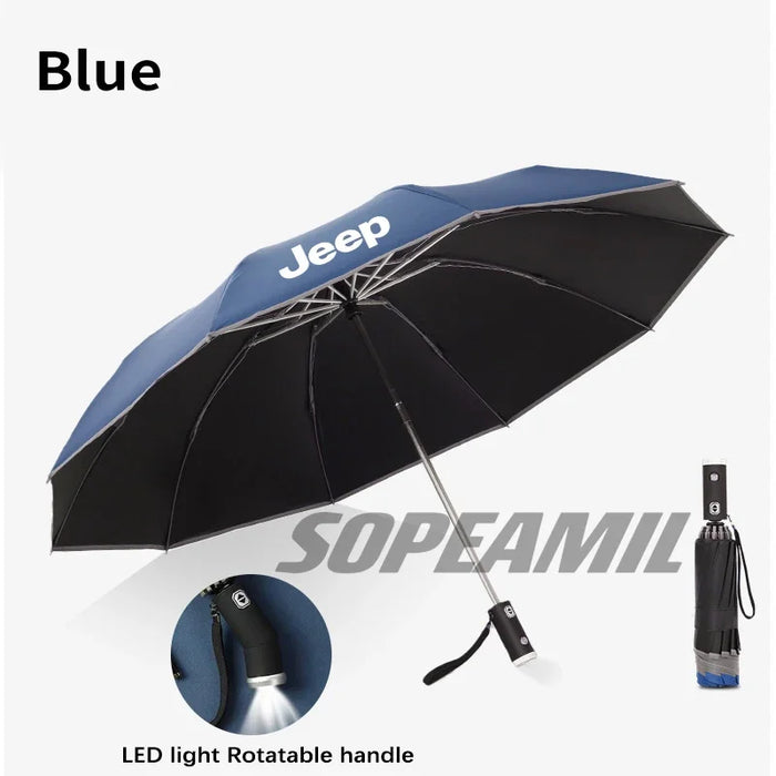 Jeep LED Light Automatic Folding Windproof Umbrella – All-Weather Compact Umbrella for Jeep Grand Cherokee, Wrangler, Gladiator, Compass & More
