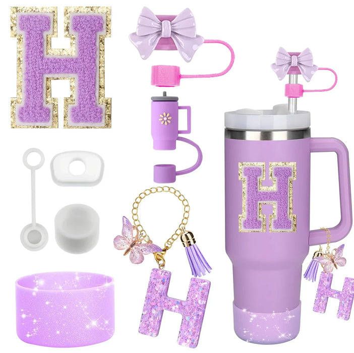 8-Piece Accessories Set for Stanley 30oz & 40oz Tumblers – Silicone Straw Covers, Protective Boot, Handle Charm & Initial Stickers