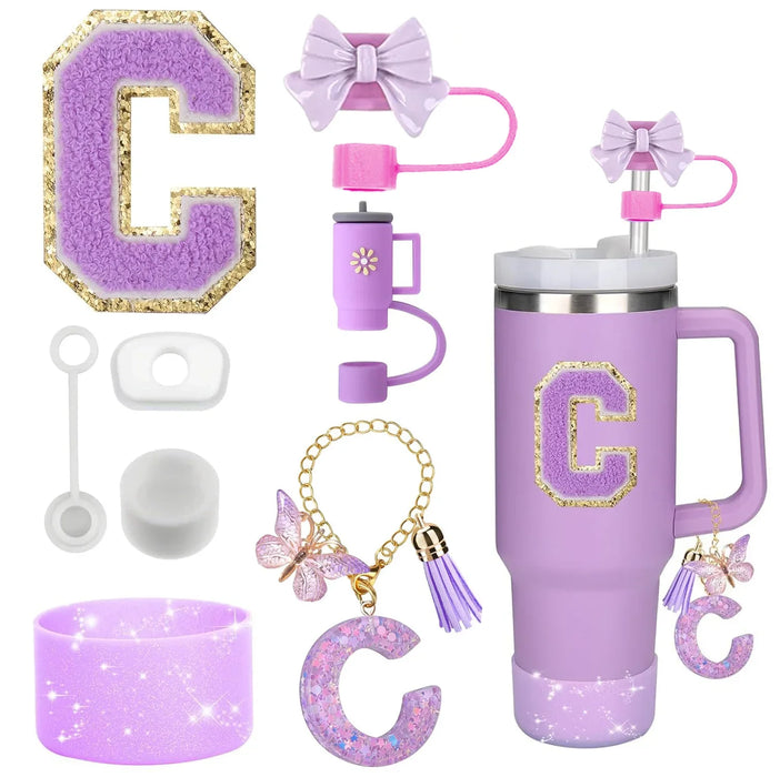 8-Piece Accessories Set for Stanley 30oz & 40oz Tumblers – Silicone Straw Covers, Protective Boot, Handle Charm & Initial Stickers