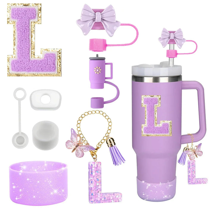 8-Piece Accessories Set for Stanley 30oz & 40oz Tumblers – Silicone Straw Covers, Protective Boot, Handle Charm & Initial Stickers