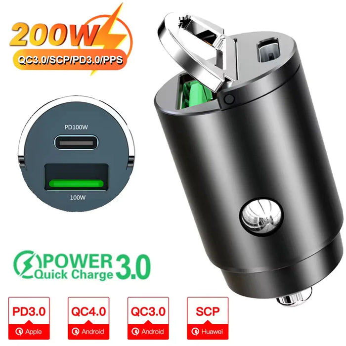 100W/200W Mini Car Charger – QC3.0 PD Fast Charging USB & Type-C Adapter for iPhone, Samsung (12V-24V)