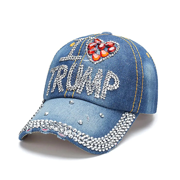 Trump 2024 Baseball Cap Denim Distressed Bling Rhinestone Hat USA Flag Cap Adjustable Unisex (I Love Trump)