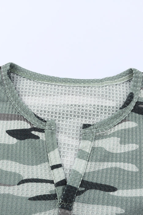 Camouflage Notched Waffle-Knit Top