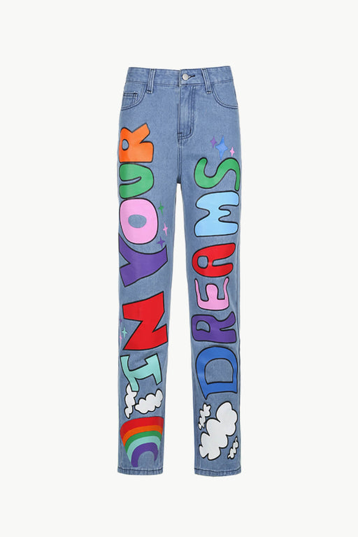 Letter Print High-Waisted Jeans