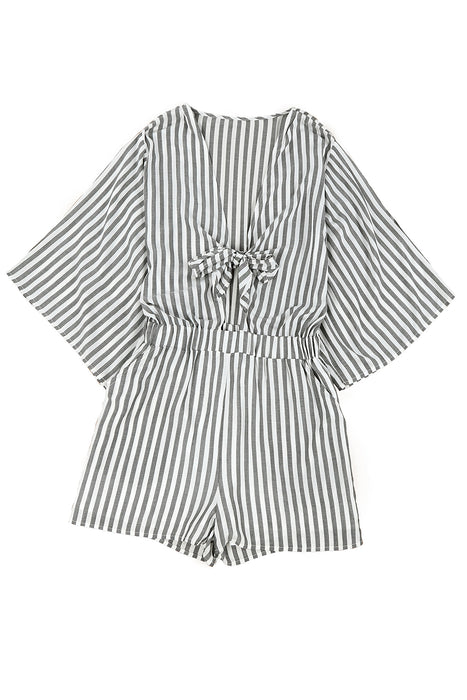 Striped Tie-Front Plunge Romper with Pockets