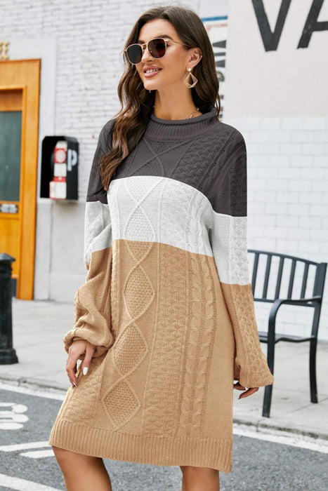 Color Block Mixed Knit Crewneck Sweater Dress