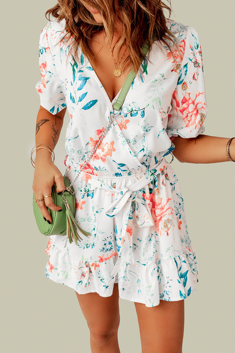 Floral Belted Puff Sleeve Romper