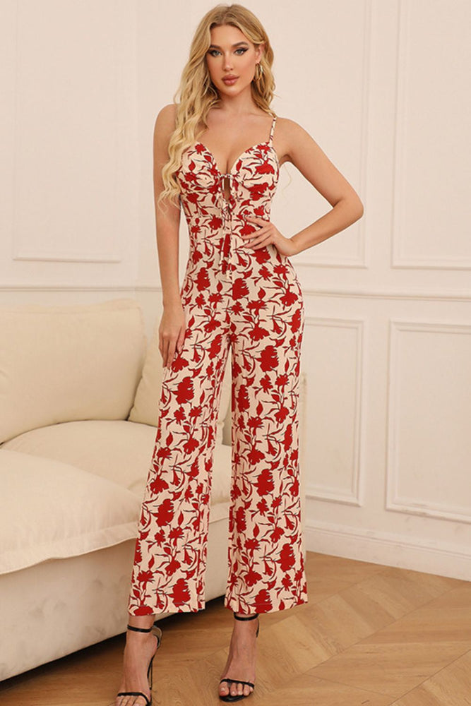 Floral Tie Front Spaghetti Strap Jumpsuit