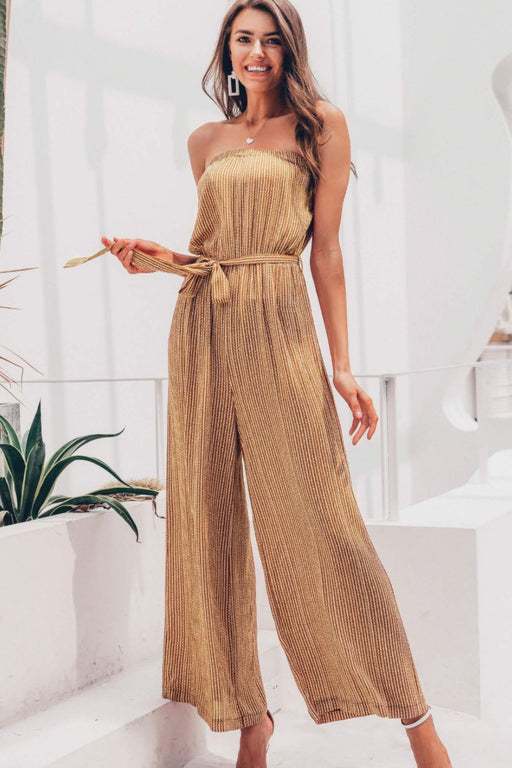 Striped Strapless Belted Wide Leg Jumpsuit
