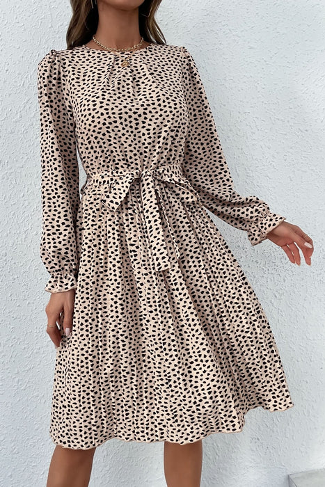 Printed Round Neck Belted Pleated Dress