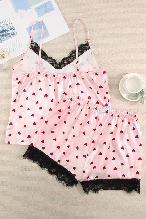 Heart Print Lace Trim Cami and Shorts Pajama Set